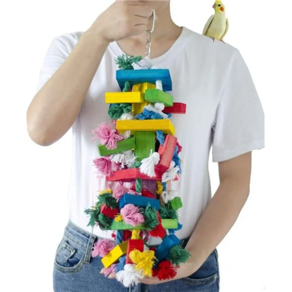 Bird Block Knots Tearing Toy-19.7inch Multicolored Natural Wooden Parrot Chewing